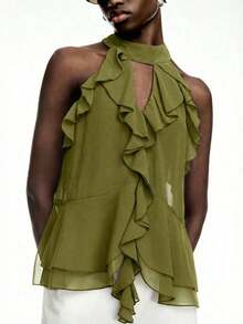 Elegant Solid Color Halter Top With Ruffles For Women - 軍綠色 - 查看 4