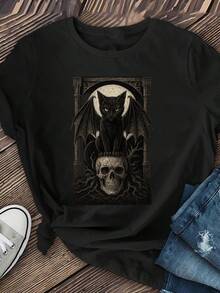 Women's Gothic T-Shirt With Black Bat Wings - Dark Brown T-Shirt For Halloween, Vampires And Gothic Styles - Elastic Crew Neck (Machine Washable) - Casual Spring/Autumn Wear, Gothic Accessories, Skull Print, Durable Fabric - 黑暗的 - 查看 6