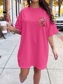Plus Size Short-Sleeved T-Shirt With Round Neck, Dropped Shoulders And  Face Print - 紫紅色 - 查看 2