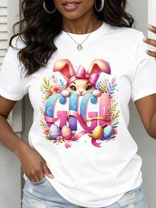 1 Piece Women's T-Shirt With Gigi Easter Bunny Print, For Spring, Easter Egg Hunt, Cute Rabbit Design, Fashion Casual Clothing, 180g, 100% Cotton - 白色 - 查看 1