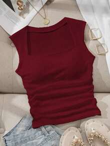 Camiseta sin tirantes con cuello cuadrado, cintura fruncida y sujetador acolchado sin aros - Burdeos - Ver 1