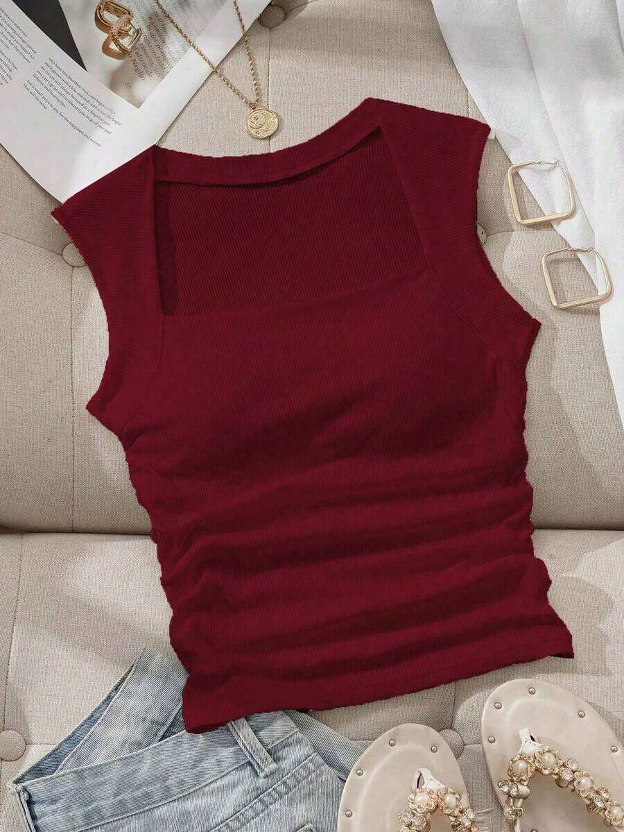 Camiseta sin tirantes con cuello cuadrado, cintura fruncida y sujetador acolchado sin aros - Burdeos - Ver 1