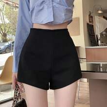Pantalones cortos de cintura alta a la moda para mujer, nuevos pantalones cortos ajustados elásticos de Color sólido, ropa de calle informal imprescindible - Negro - Ver 4