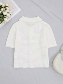 Cárdigan de punto de manga corta de unicolor casual para mujer, cárdigan con cuello alto y botones para primavera - Blanco - Ver 6