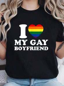 Cotton T-Shirt With "I Love My Gay Boyfriend" Print, Women's Casual Summer Crew Neck Short Sleeve Graphic Tops - 黑色 - 查看 6