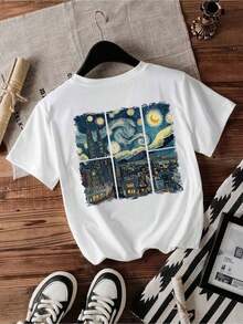 Short-Sleeved, Crew-Neck Printed T-Shirt Featuring Van Gogh's Starry Night With An Artistic And Modern Cityscape. Casual Style. Modern Print. Comfortable. Matching Couple's Style. Available For Men And Women. Fashionable Printed Half-Sleeve T-Shirt. Elegant Women's Blouses - 白色的 - 查看 1