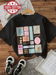 Camiseta de verano casual para mujer, estilo vintage, con estampado de langosta y concha marina "DOLCEVITA CIAO BELLA", cuello redondo, manga corta, pura - Negro - Ver 1