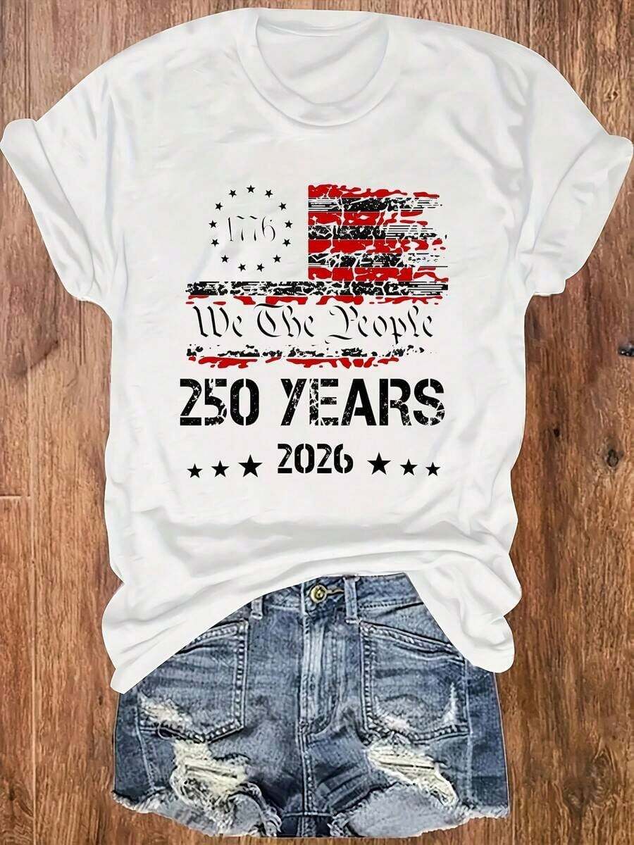 100% Cotton 1pc Women's T-Shirt, 250 YEARS 2026 We The People Comfortable And Soft Round Neck T-Shirt For Women, Graphic Tees, Vintage T-Shirts - 白色 - 查看 1