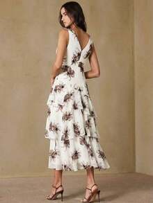 Aveloria Revavyn Vestido maxi elegante y grácil de mujer con escote en V profundo y sin mangas, de gasa ligera con estampado floral romántico, con cintura ceñida y dobladillo con volantes en capas, adecuado para citas, vacaciones, lujo y delicadeza - Multicolor 2 - Ver 6
