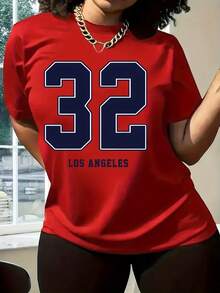 32 Women's T-Shirt With Los Angeles Letter Print, Combined Version, Round Neck, Short Sleeve, Casual And Modern Style For Summer - 紅色 - 查看 1