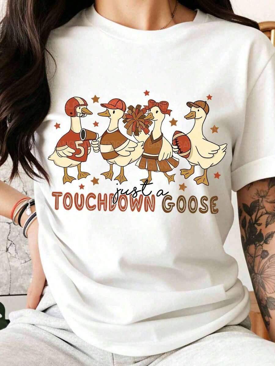 Touchdown Goose Football Duck Family Costume T-Shirt For Halloween, Thanksgiving Party Outfit For Women, Men And Kids, Funny And Cute Animal Print T-Shirt - 白色 - 查看 1