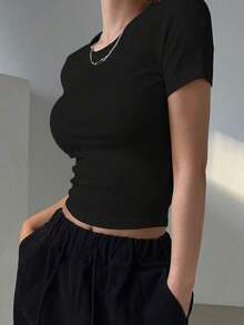 Camiseta de manga corta de unicolor casual para mujer, verano - Negro 5 - Ver 6