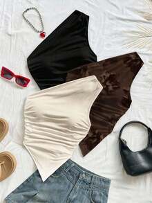 3 piezas Conjunto informal de verano de 2 piezas para mujer con parte superior de hombro asimétrico y bajo asimétrico, adecuado para volver al colegio, té de la tarde, casual, invitada a boda en la playa, brunch de graduación, Día de San Patricio, - Multicolor 6 - Ver 3