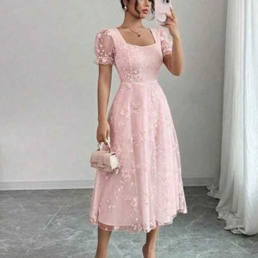 Women's Floral Embroidered Mesh Petal Sleeve Elegant Dress - Rosa - Ver 1