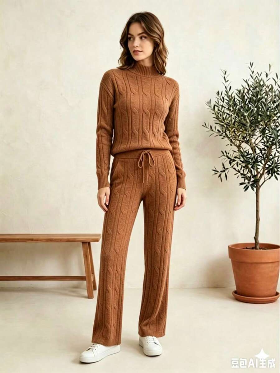 1pc Casual Blouse And Pants Set, Daily Winter Modal Knit, Classic Cable Knit - Màu Khaki - Xem 1