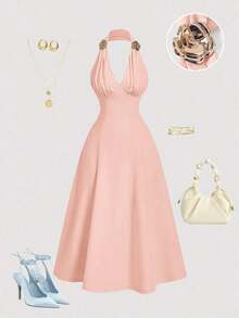 Vestido midi elegante sin mangas con decoración floral 3D de metal y plisados para mujer - Rosa - Ver 3