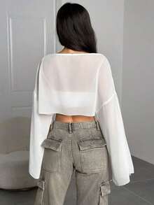 Blusa corta suelta de mangas de murciélago y cuello redondo de unicolor para mujer, de manga tres cuartos, para primavera/verano - Blanco - Ver 2