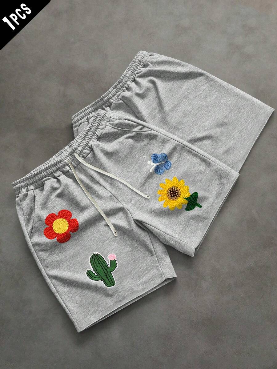 Men's Casual Floral Print Drawstring Shorts, Summer Style Breathable, Comfortable Daily Wear, Adjustable Drawstring Waist, Elastic Waistband And Pockets - Grey - View 1