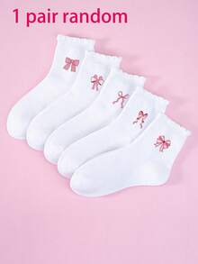 5雙女童可愛粉色蝴蝶結印花短襪，春夏薄款透氣吸汗快乾防滑舒適，公主風校園風休閒中筒襪，適合日常、上學、派對、復活節、生日等場合，蝴蝶結白色拼色荷葉邊襪口設計，女童時尚學生襪，必備襪子，送給女童的最佳禮物 - 彩色 - 查看 14