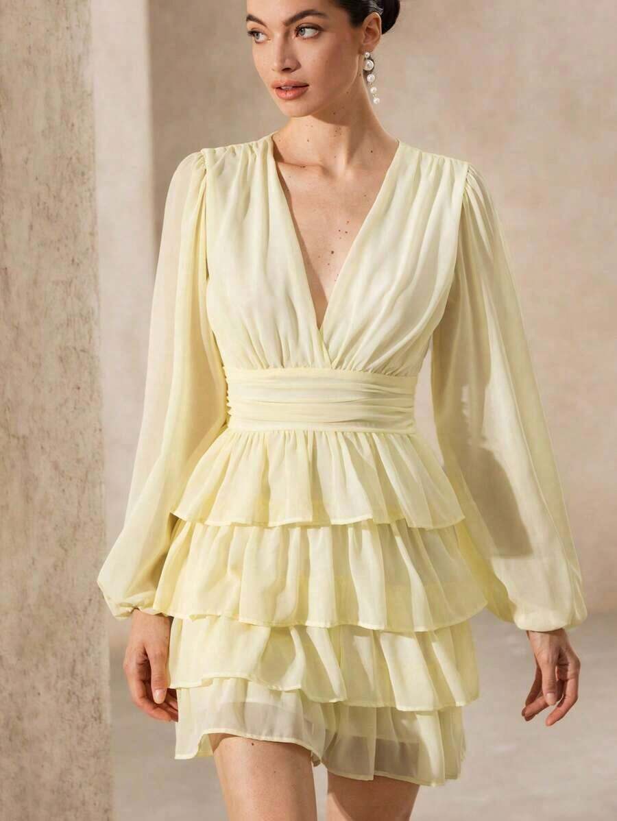 Aveloria Revavyn Vestido mini elegante de mujer con escote en V, mangas abullonadas, cintura con volantes y bajo con volantes de gasa - Amarillo - Ver 1