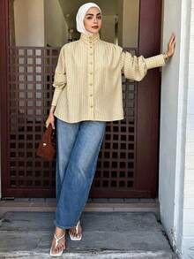 Blusa elegante de mujer con cuello alto, mangas farol y rayas, para otoño - Albaricoque - Ver 3