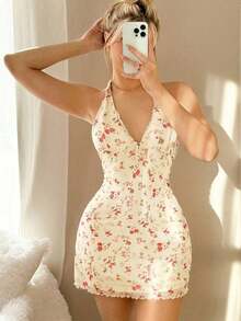 Vestido floral Y2K para mujer - Atuendos de salida primaveral, vacaciones de verano y primavera con estampado floral sexy de halter y mini para uso diario - Multicolor - Ver 6