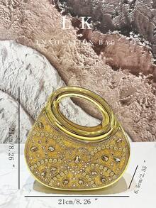 1件奢华金色水钻镶嵌女士手提包，优雅高端化妆包，精致女士晚宴钱包，精美流苏派对手拿包，适合聚会、婚礼、舞会、晚宴/宴会等场合。 - 金色 - 查看 7