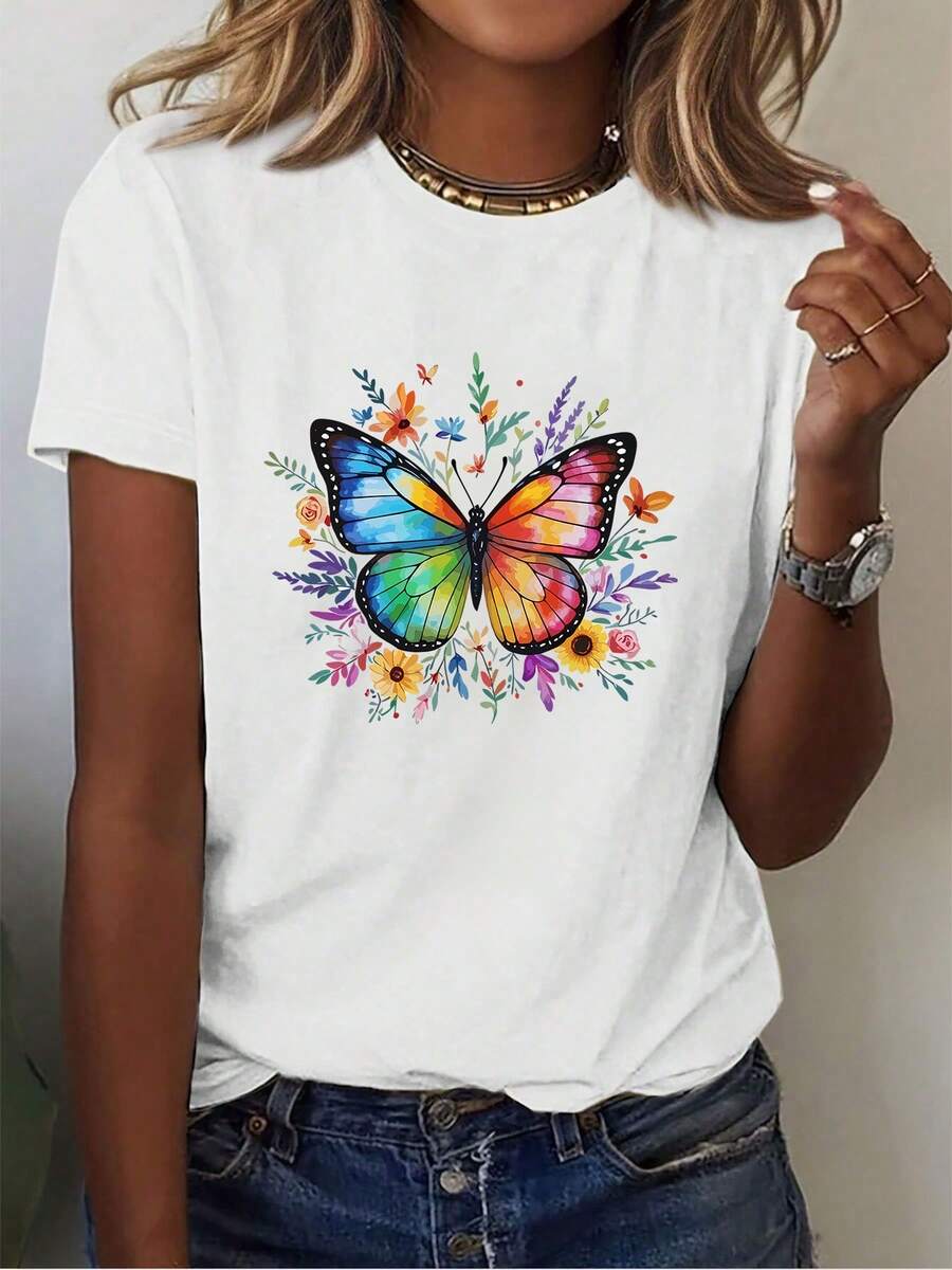 Camiseta de manga corta con cuello redondo y estampado floral de mariposas coloridas, nueva colección primavera-verano 2026, blanca, casual, divertida, para el Día de San Valentín, estilo vintage urbano, unisex, holgada, de algodón. - Blanco - Ver 1