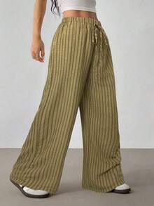 Pantalones casuales anchos de pierna ancha con cintura de corbata y rayas para mujer - Verde militar - Ver 6