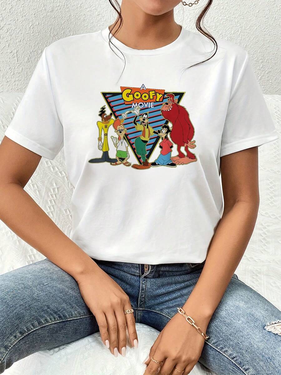Gráfico colorido que muestra a un grupo de personajes animados sonrientes celebrando la amistad y la diversión con un fondo geométrico retro lleno de energía positiva camiseta de mujer casual cómoda para uso diario - Blanco - Ver 1