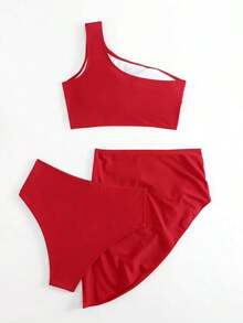 Swim Vcay Bikini minimalista de 2 piezas de color liso para vacaciones en la playa en verano 2025 - Rojo - Ver 2