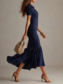 2026 elegante y casual vestido de cola de pescado a rayas de mujer de manga corta nuevo - Azul - Ver 3