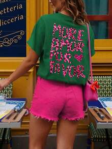 Camiseta de mujer, camiseta de manga corta con gráfico de estilo casual de calle, top de verano lindo - Verde 7 - Ver 3