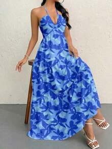 Vestido de gasa para mujer sin espalda con cuello halter y cola larga para vacaciones, bodas o festivales - Azul - Ver 4