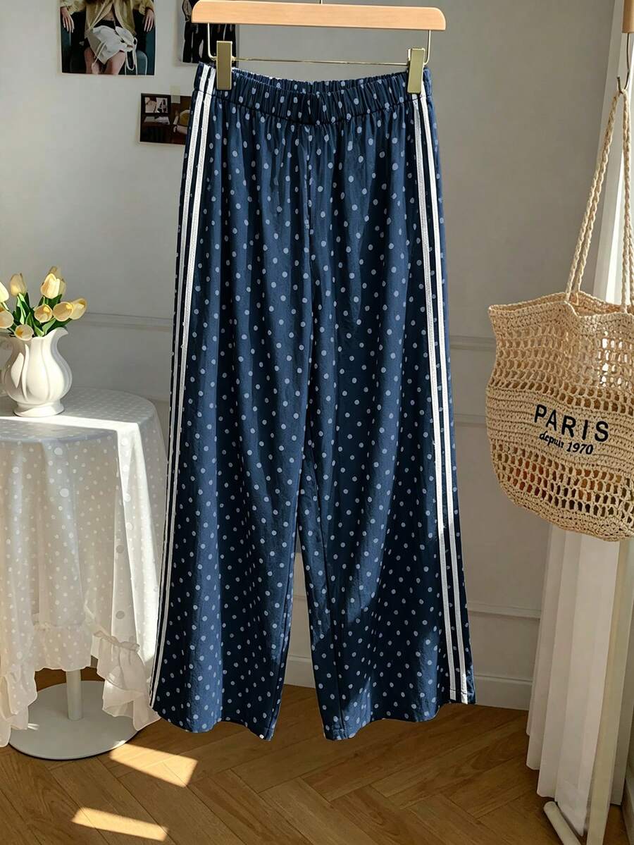 Plus Size Women Cute Retro High Waist Slimming Polka Dot Straight Leg Casual Pants - Dark Wash - View 1