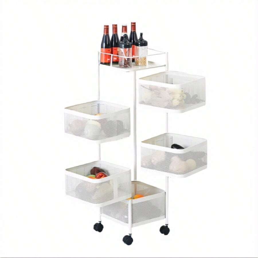 5-stufiges 360-Grad-System °   Rotierender Gemüseregal – 4-Rad-Rollwagen, Obst- und Kartoffelkorb, für Küche/Wohnzimmer/Badezimmer - Weiss - Übersicht 1