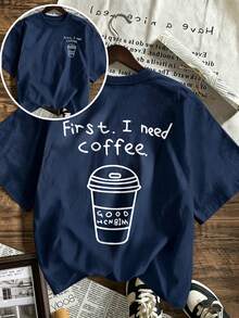 女款「First. I Need Coffee.」圖案印花圓領短袖T恤，全新極簡可愛圖案，休閒度假風，寬鬆版型，夏季復古風 - 藏蓝色 - 查看 2