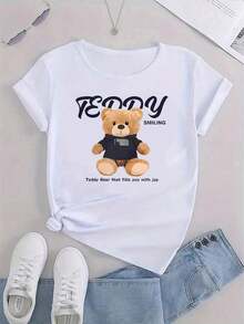 Camiseta de Mujer con Estampado Abstracto Minimalista Creativo de Osito de Peluche, Cuello Redondo, Manga Corta, Estilo Casual Deportivo, Cómoda para Vacaciones, Ropa de Verano - Blanco - Ver 2