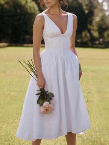 Vestido largo tirantes con estampado espalda al descubierto, estilo elegante primavera 2026 - Blanco - Ver 1