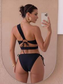 August vacation Bộ bikini nữ màu đen thanh lịch, gợi cảm, thiết kế lệch vai khoét rỗng, thích hợp cho kỳ nghỉ biển, mùa hè. - màu đen - Xem 2