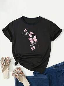Plus Size, Pink Butterfly Print Plus Size Women's T-Shirt - Black - View 1