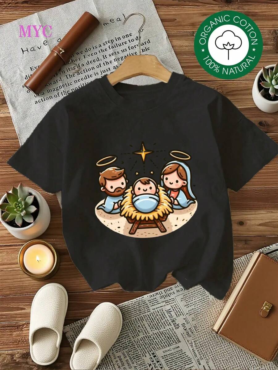 Oversized Soft Cotton T-Shirt For Plus Size Women With Christmas Nativity Scene Print, Cute Baby Jesus Design, Holiday Gift For Christians, Fashionable Christmas Outfit, Festive Clothing 2023, Comfortable Casual Top, Summer Dresses For Women, Perfect For All Seasons - 黑色 - 查看 1