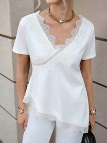 Women's T-Shirt With Ruffled Collar And Lace, Elegant And Fashionable, Suitable For Valentine's Day, Weddings, Holidays, Casual Outings, Parties, With An Asymmetrical Hem And Stretchy Fabric - 白色的 - 查看 5