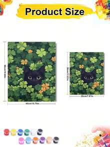1pc 2D Flat Digital Painting On Canvas, Black Cat In Clover Leaves, DIY Craft, Home Decor Gift, Lucky Clover, Natural Green Art - 40*50cm - View 2