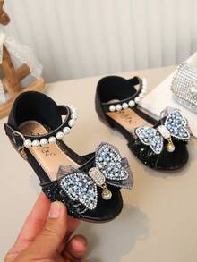 Girls' Princess Style Flat Sandals With Pearl, Bow, And Rhinestone Decor, Versatile For Daily, School, Party, Beach, Holiday - Black - View 1