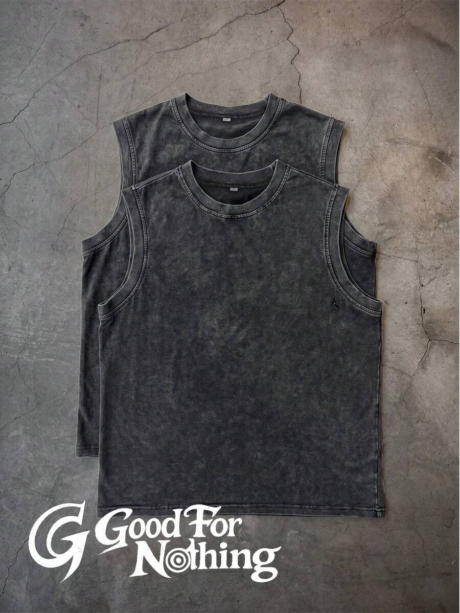2件装 Good For Nothing 水洗复古无袖背心,美式复古宽松运动背心,夏季必备 - 黑色 - 查看 1