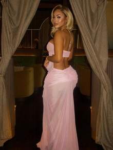 Halter Dress With Sheer Mesh Back, Open Back, Beach Vacation Style - Pink - View 3
