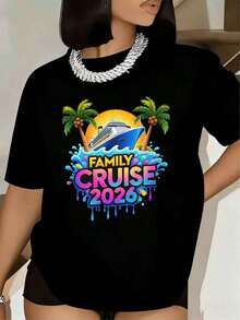Women's T-Shirt For Family Cruise Vacation 2026 With Palm Tree, Boat, And Sunset Print. Short Sleeves, Round Neck. Summer Outfit For Vacations And Travel. 220 Grams - 黑色 - 查看 5