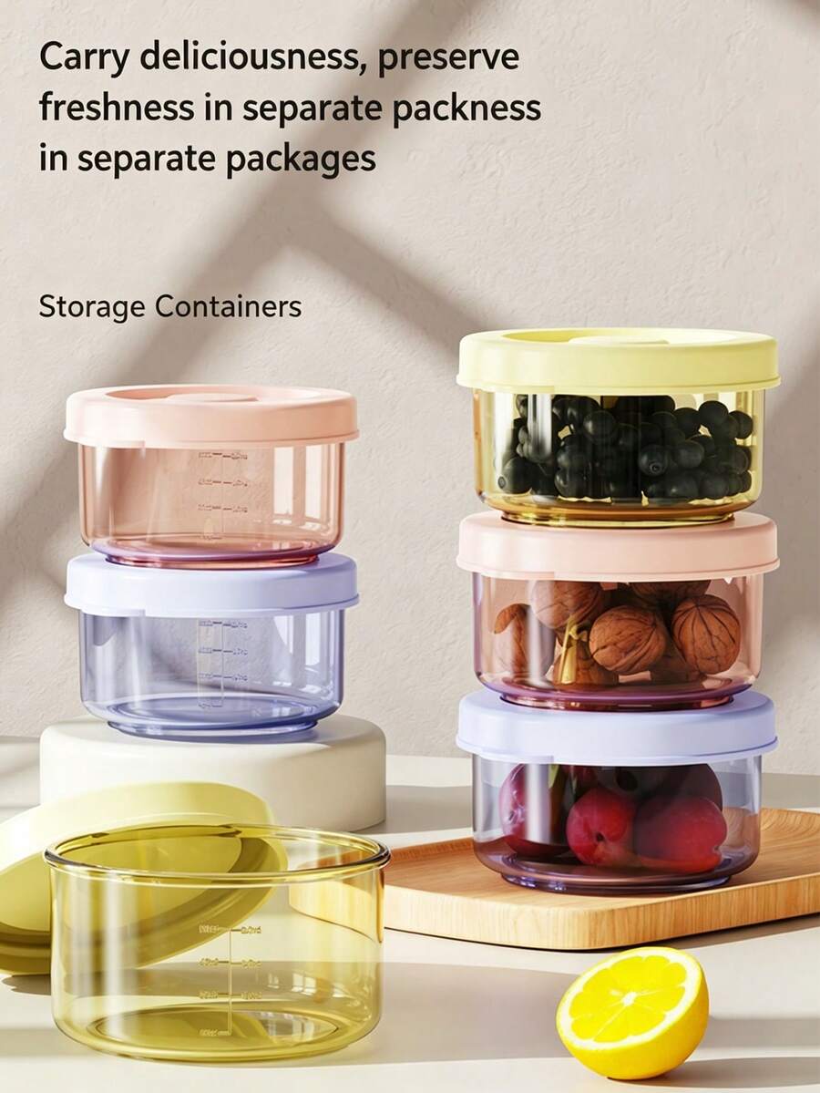 6件套圆形密封食品储物盒,6个圆形防漏塑料餐盒,适用于冷冻食品和汤类,可重复使用,可用于微波炉和洗碗机 - 彩色 - 查看 1
