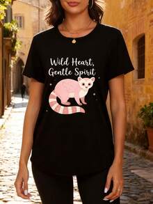 Women's 100% Cotton Black T-Shirt With An Adorable Animal Print, Featuring The Words "Wild Heart, Gentle Soul" And A Pink Ferret Design. It's A Great Choice For Casual Wear In Spring And Summer, And An Ideal Gift For Animal Lovers And Fashion Enthusiasts - Everyday Tees - 黑色 - 查看 5